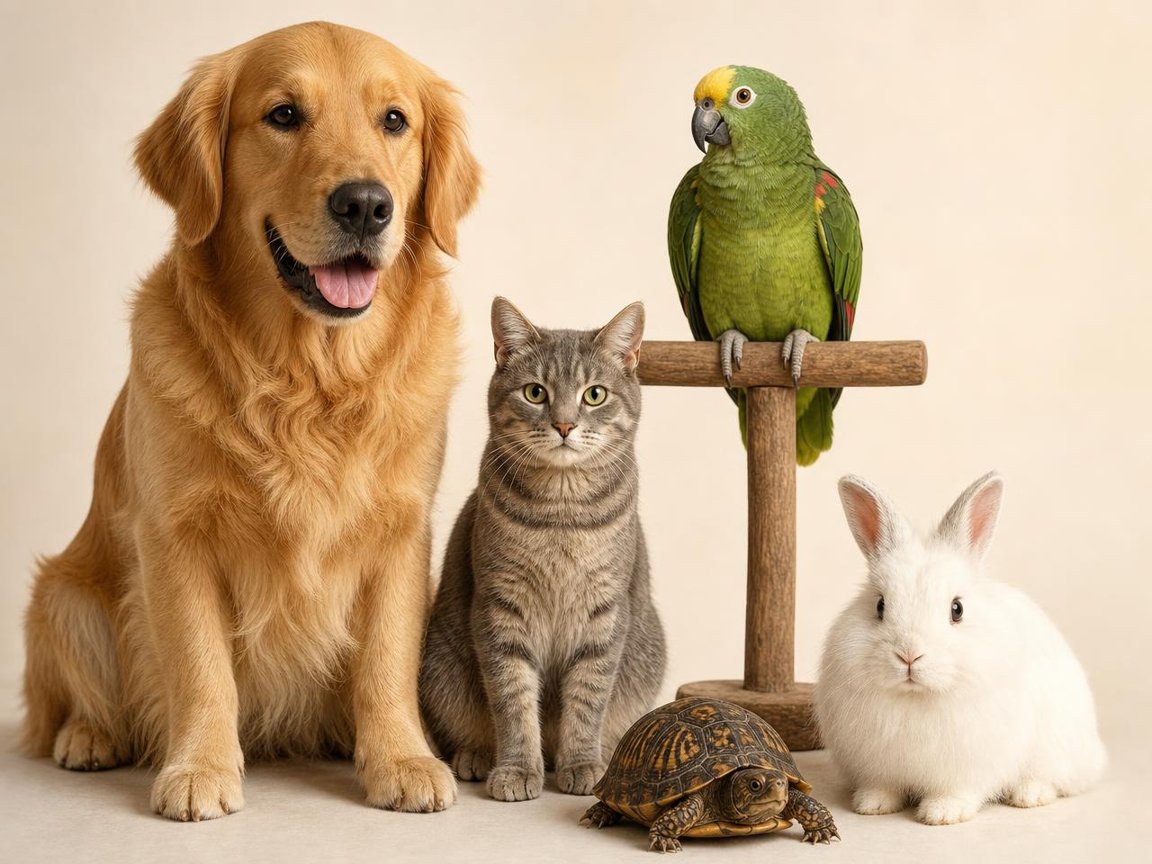 A golden retriever, grey tabby cat, green parrot, turtle and white rabbit together in warm light